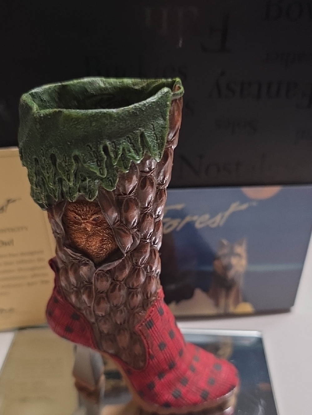 Just The Right Shoe Red Plaid and Green Tree Trunk Boot Figurine